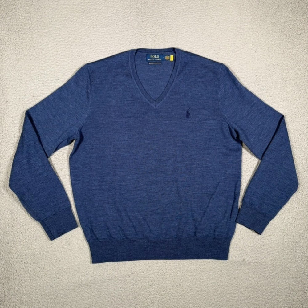 Polo Ralph Lauren Sweater Mens Medium Blue 100% Merino Wool Washable Preppy Pony